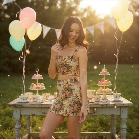 Sugar Thrillz ✦ Floral Square Neck Crop Top ✦ Adjustable Straps Beige Print M - Picture 4 of 9